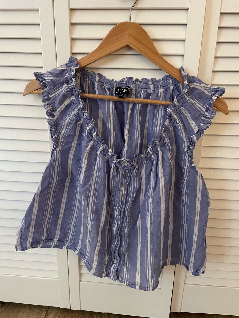 J. Crew Blue and White Striped Ruffle V-Neck Sleeveless Top